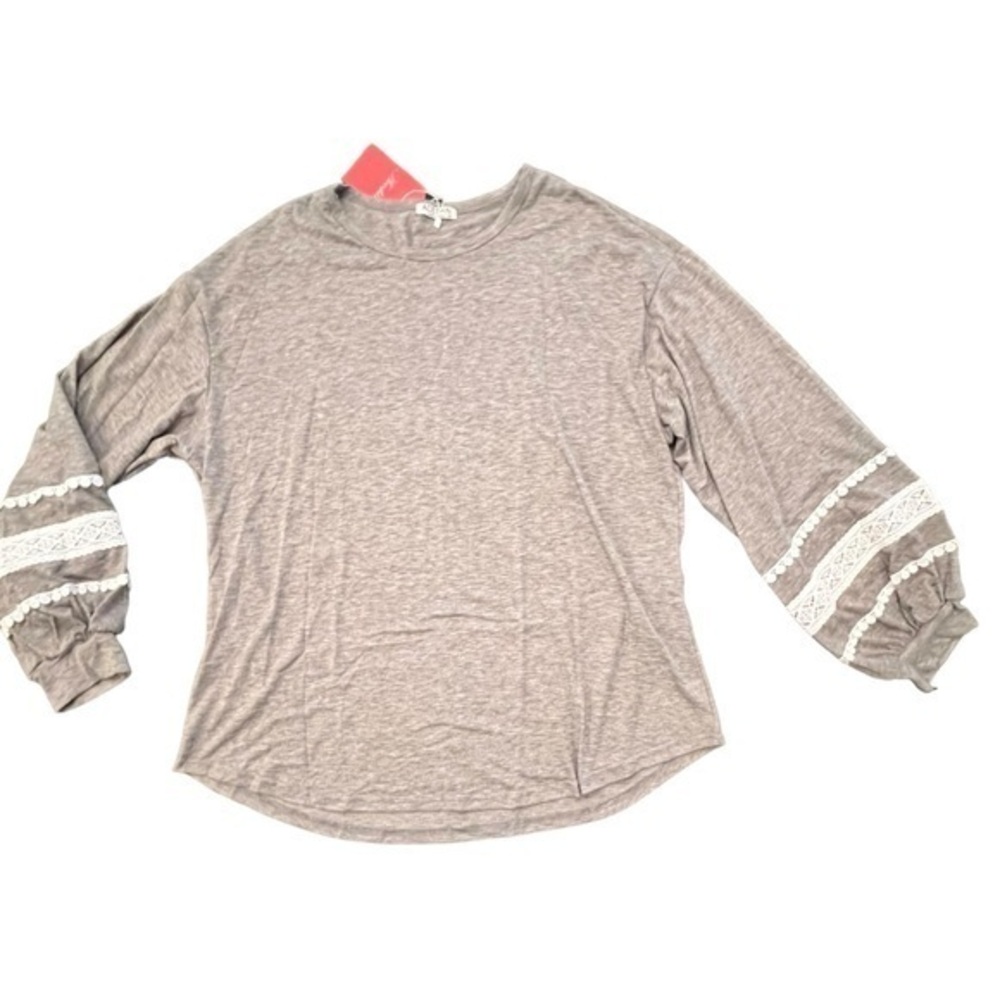 Women’s Grey Peasant Blouse White Crochet Sleeve Inserts Size XXL‎ Boho Cottage
